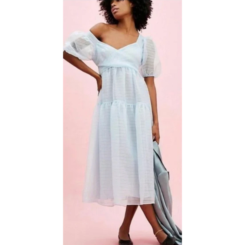 NEW FREE PEOPLE BLUE HAILEY PUFF SLEEVE OPEN BACK MIDI DRESS SIZE 2